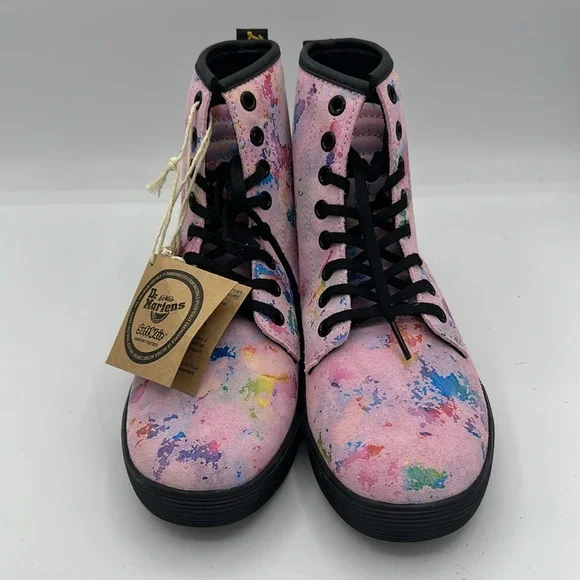 Dr Martens Sheridan Suede Casual Boots Pink Paint Splatter Size 6 NWOB - Picture 2 of 9